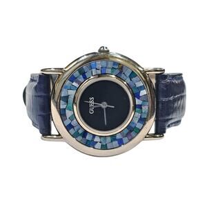 ⌚ Vintage GUESS Watch Opal Mosaic Bezel - Stainless Steel Blue Leather